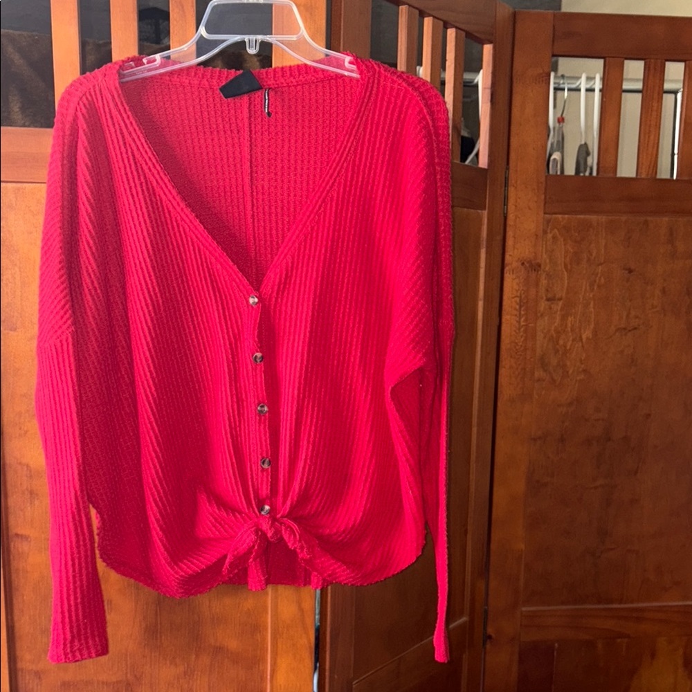 Urban Outfitters Red Ribbed V-Neck Tie Cardigan